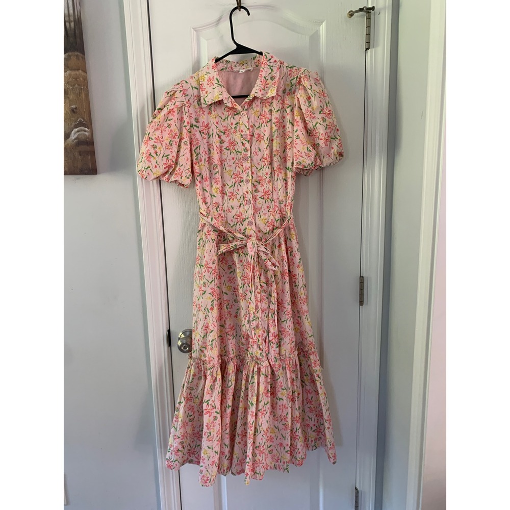 &merci Pink Floral Cotton Midi Shirt Dress Puff Sleeve Belted MDR2864 Mens M